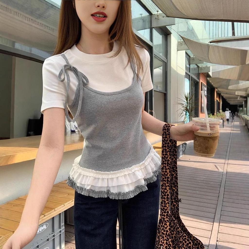 Contrast Stitch Bow Ribbon Suspender Mock Two-Piece T-Shirt with Ruffled Edges