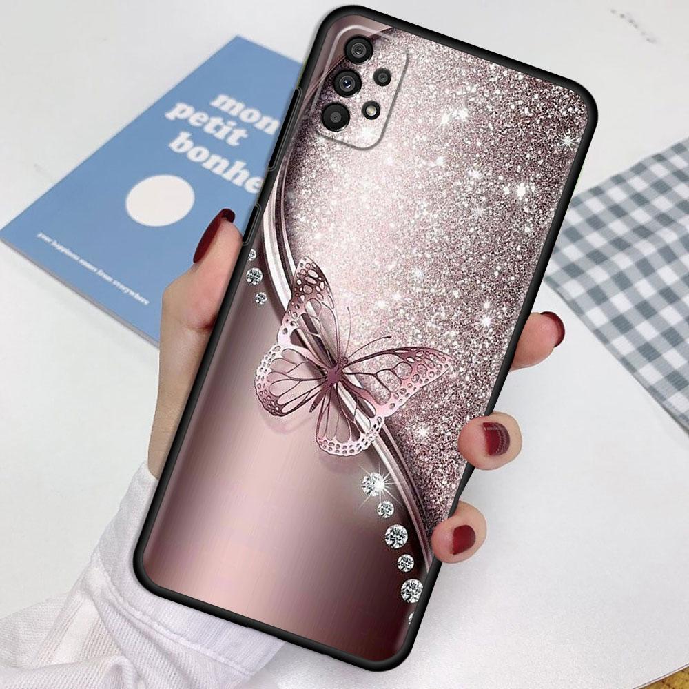 Case For Samsung Galaxy A52 A12 A32 A51 A21s A71 A13 A53 A22 A31 A72 A03 A02s A41 Black Phone Shell Beauty Pink Butterfly