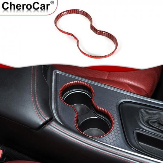 Interior Front Cup Holder Trim Cover for Dodge Challenger 15+ Red Carbon Grain