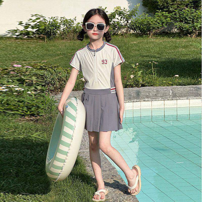 Girls Summer Colorblock Short Sleeve Swimsuit With Padding One Piece Skirted Bathing Suit 120
