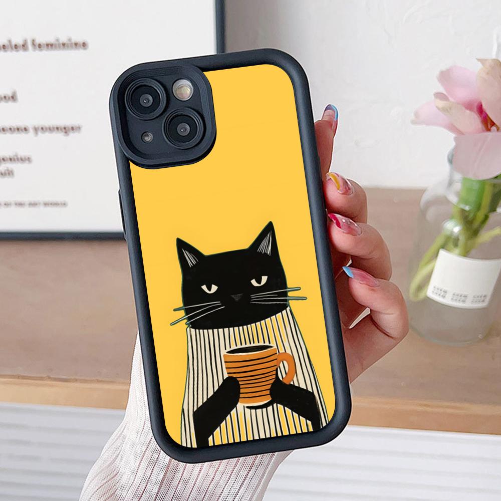 Cute Coffee Cat Thicken TPU Mobile Phone Case for iPhone 17 16 15 14 13 12 11 Air Pro Max Plus Colorful Cover