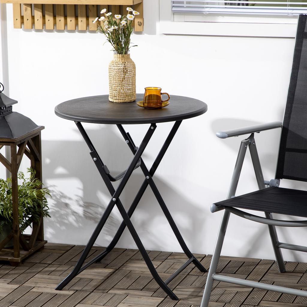 Garden table, Round, Foldable, For 2 people, Wood look, Steel+Plastic. Dark gray, 60 x 60 x 73 cm