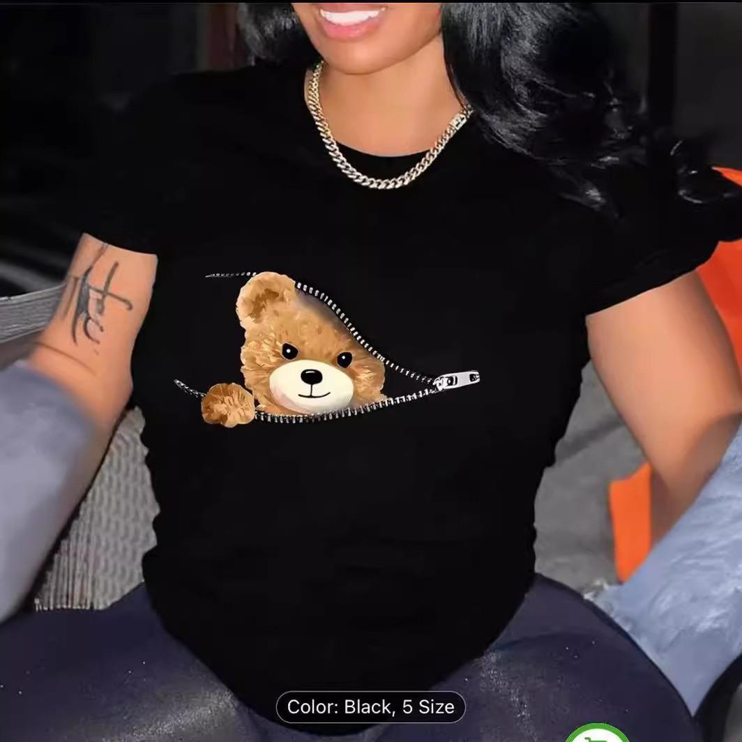 

Женский летний повседневный топ с круглым вырезом и короткими рукавами с модными и крутыми футболками с принтом медведя XXL серый