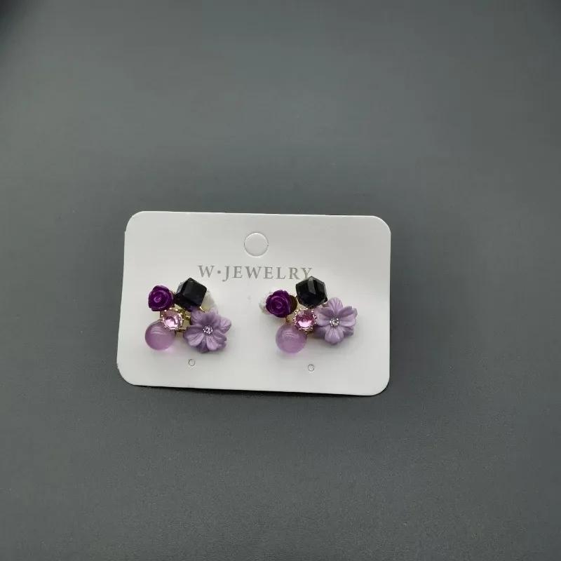 Purple Crystal Flower Stud Earrings for Woman Lilac Earrings Korean Fashion Wedding Party Jewelry Girl Elegance Set Accessories