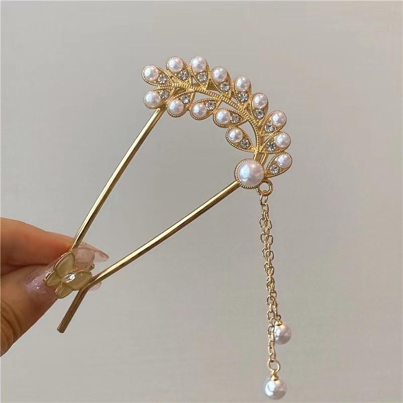 Premium Mesh & Leaf U-Shaped Hairpin: Elegant Ancient & Modern Chinese Style for Women.