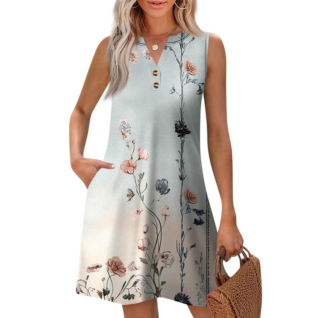 Women's Fashion Casual Printed V-Neck Button With Pocket Vest Sleeveless Dresses
