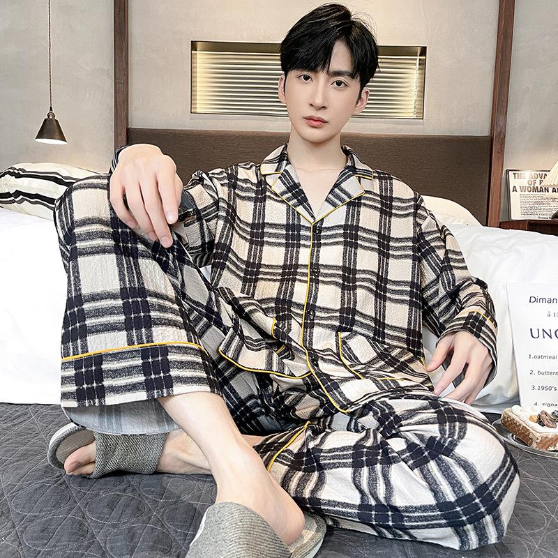 Plaid Style Men's Pajamas Set Spring Cotton Male Pajamas Sets Young Boy Sleepwear Long Sleep Tops + Pant 2pcs/set Pjs