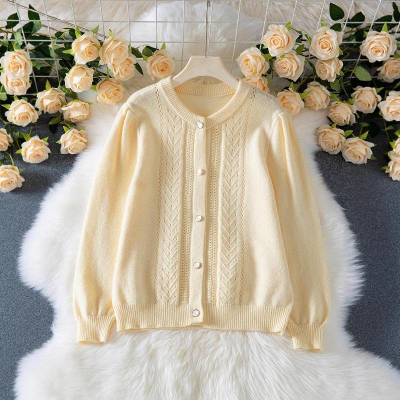 Elegante Cardigan da Donna Lavorato a Maglia a Tinta Unita per Autunno e Inverno Crochet Vuoto Manica Lunga Monopetto Giacca Maglione