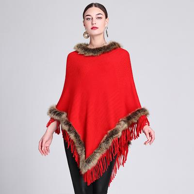 Lässiger Damen-Poncho mit Quasten, einfarbig, Schal-Wickel-Cape mit Kunstpelzbesatz, ärmelloser Wintermantel für Damen, warmer Pullover, Luxus-Poncho