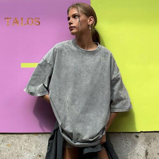 Damen T-Shirt Rundhals Kurzarm Loose Fit T-Shirt Einfarbig Washed Distressed Retro Pullover Tops Streetwear