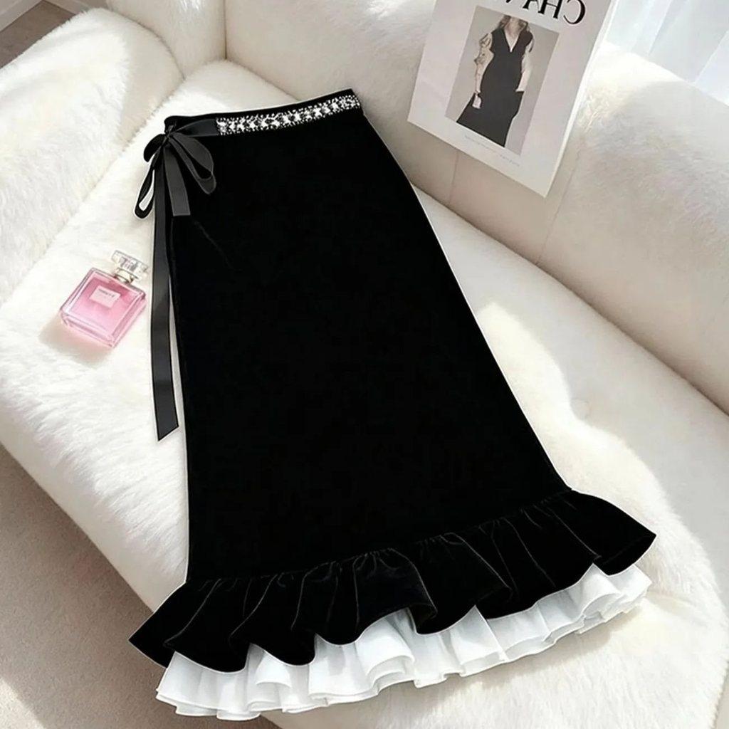 Cotton Blend Velvet Midi Skirt With Lace Trim For Elegant Ladies Spring Autumn Wear