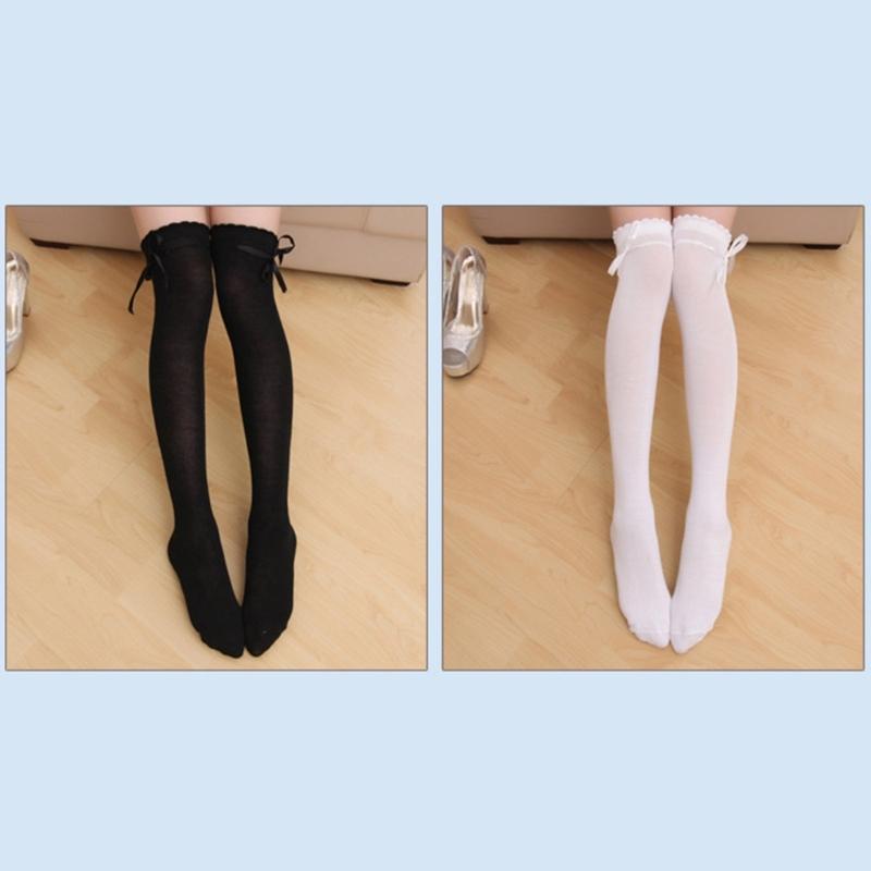 Women's Thigh High Socks Lolitas Gothic Over Knee Stockings Bow Lace Up Long Stockings Sweet Summer Ruffle Trim Socks