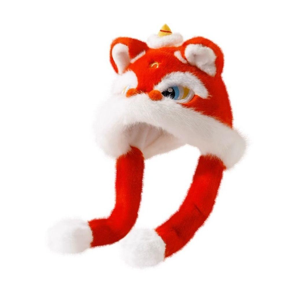 Thickened New Year Red Cap Ears Can Move Plush Beanies Fashion Lion Dance Hat  Outdoor