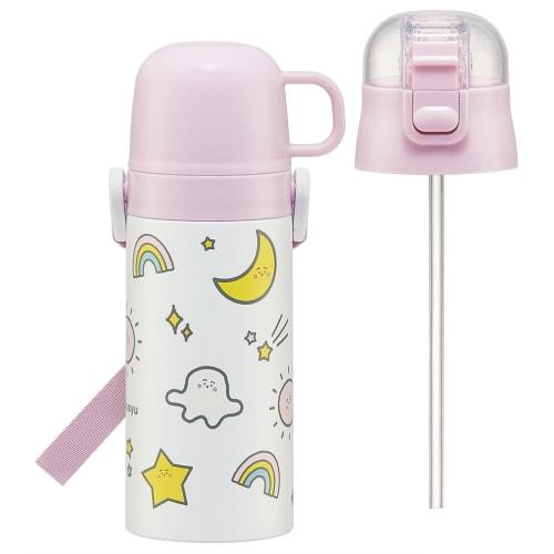 Skater Kids' Stainless Steel Water Bottle, 2-Way Design, Straw/410ml Capacity, Cup/350ml Capacity, Shinapushu Design, Child-Friendly, Lightweight, Ins