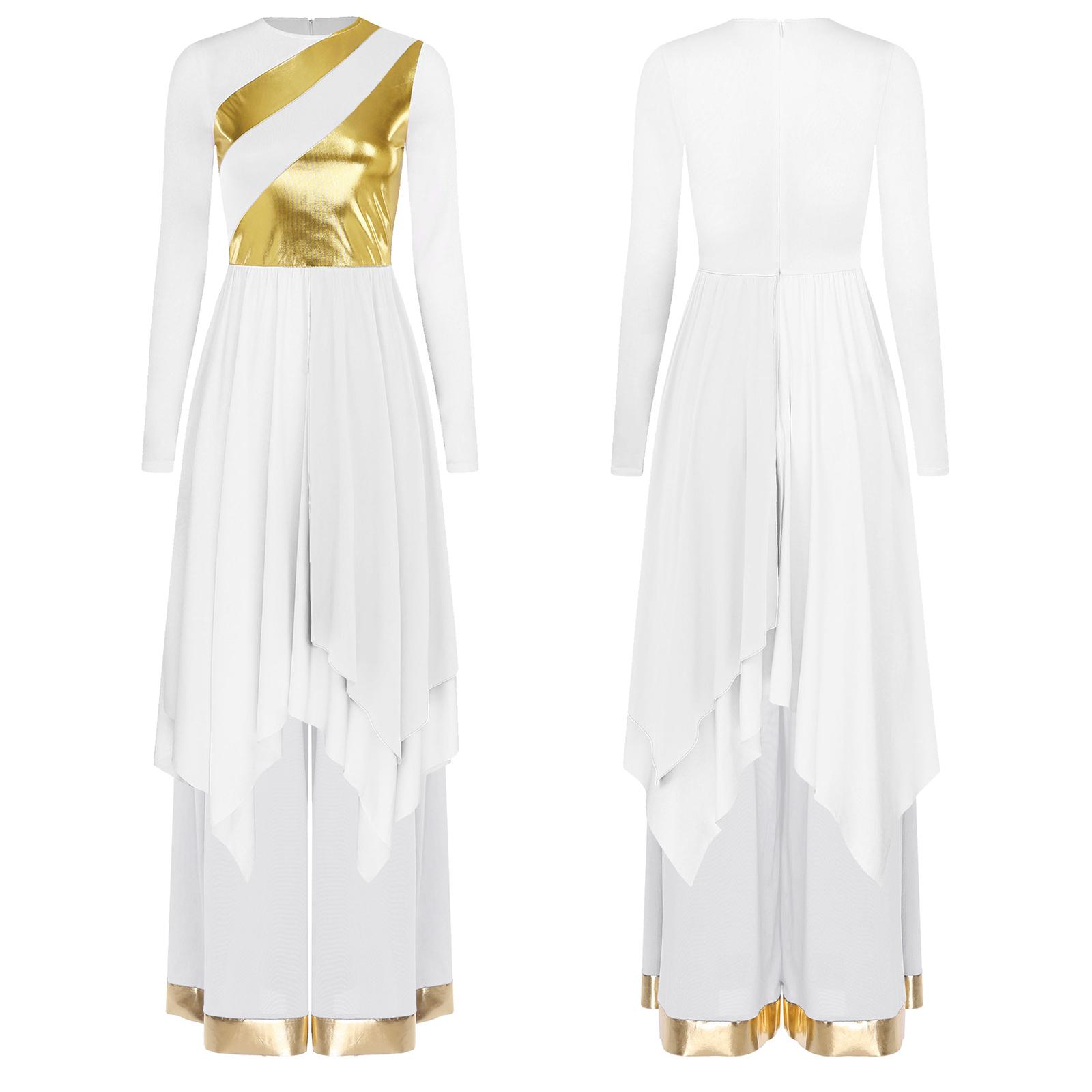 

Women s Lyrical Dance Costume Set S-XXL: Long Sleeve Metallic Contrast Color Irregular Hem Dress & Wide Leg Pants for Church Worship Dance