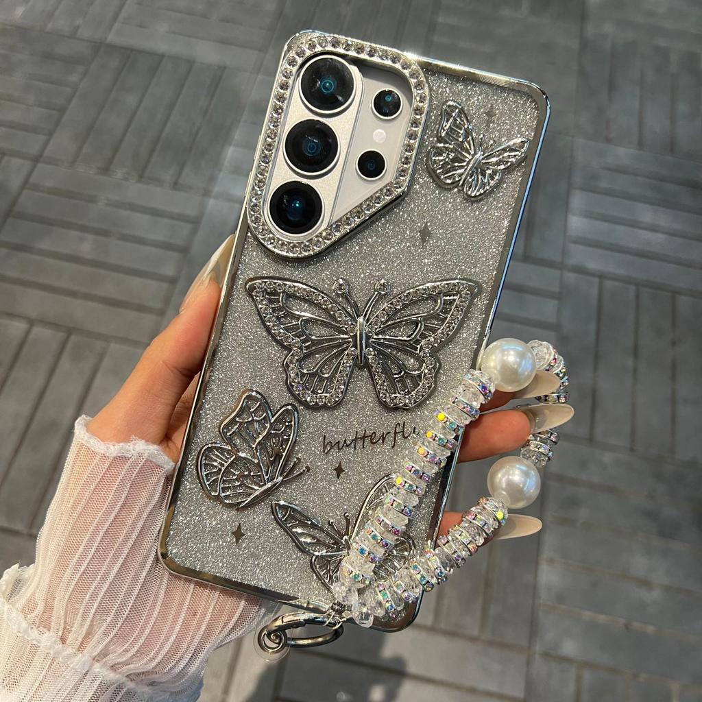 Funda de Teléfono Antigolpes con Mariposa Brillante y Pedrería para Samsung S26 Ultra/S24 Plus A16