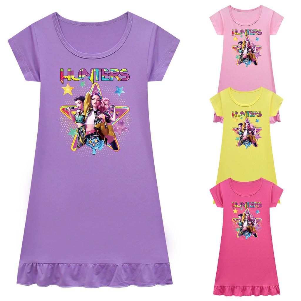 Kids Girls Anime Cartoon K-POP Rumi Print Pleat Short Sleeve Casual Round Neck Dress