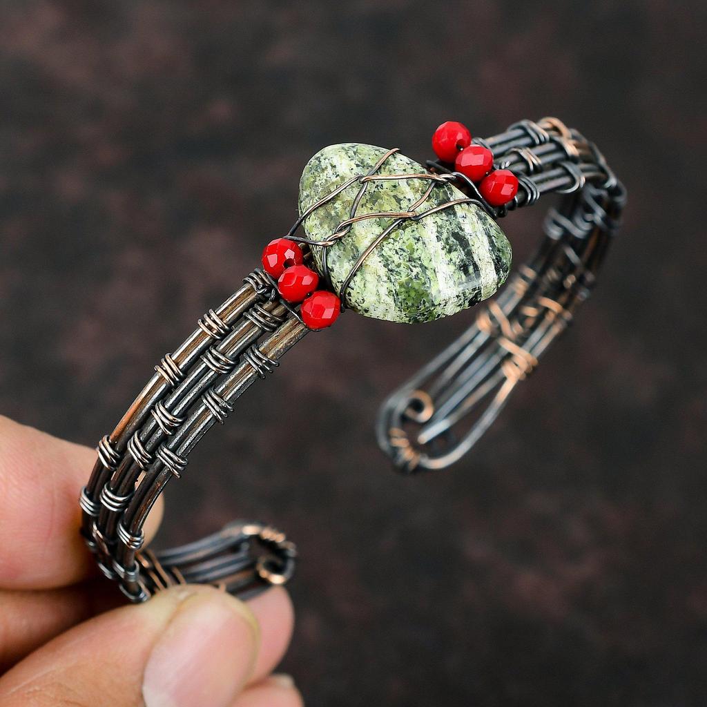 Green Swiss Opal Cuff Bracelet Red Coral Beads Cuff Copper Wire Wrapped Stone Jewelry Adjustable Cuff Handmade Bangle Wire Wrapped Bracelet