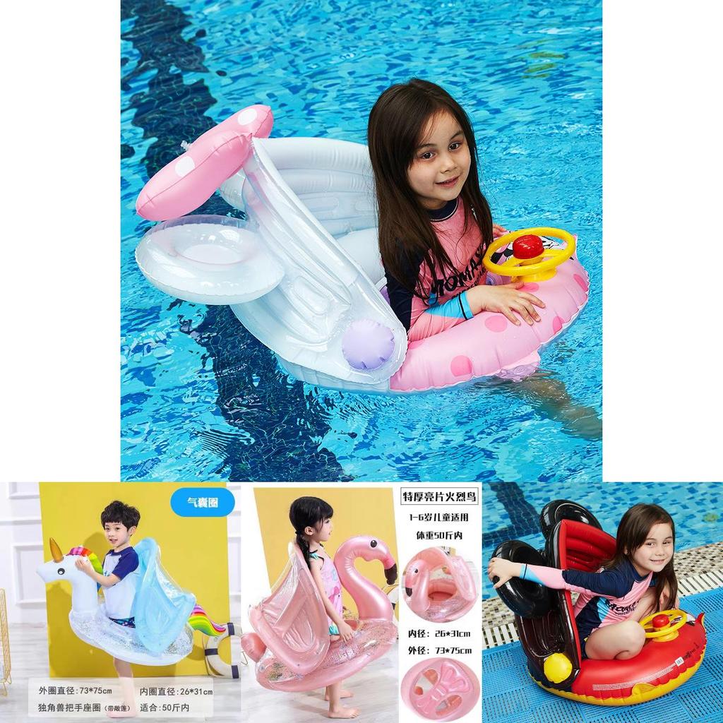 Baby Inflatable Swimming Ring With Sunshade For 1-3 Year Old Boys And Girls Cartoon Pattern Anti-flip Pvc Material Lightweight 580g