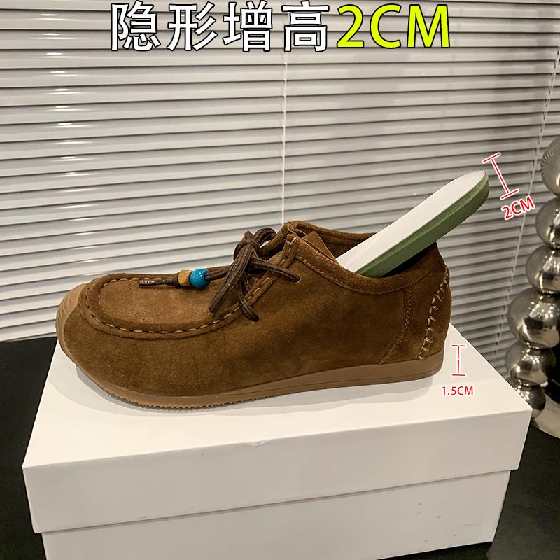 Fashion Women's Flat Shoes Round Toe Lace-up String Bead Increased Internal Shoes Retro Suede High-heeled Spring and Autumn Single Shoes
