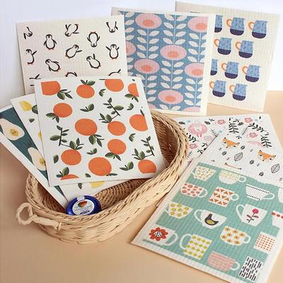 Cartoon-Bedrucktes Saugfähiges Spültuch Zellulose Schwedische Küche Wiederverwendbare Umweltfreundliche Geschirrtücher für Arbeitsplatte Geschirr Reinigungs Lappen