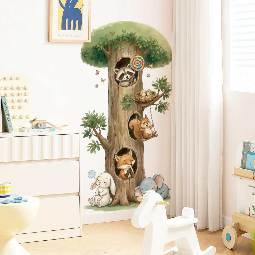 Cute Cartoon Tree Animals Wall Sticker Raccoon Squirrel Bunny Elephant Peel Stick Decal for Kids Bedroom Nursery Playroom Decor