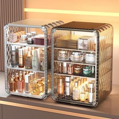 Desktop Cosmetic Organizer: Dustproof, Large Capacity, Clear Storage for Skincare, Lipstick, and Masks.