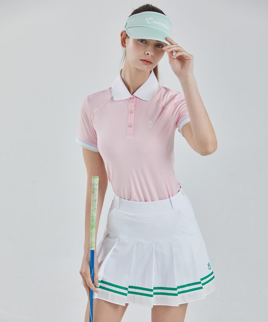 CHUCUCHU Line Back Mesh Collar Short Sleeve Top (Pink) Cbfss-Ts006W