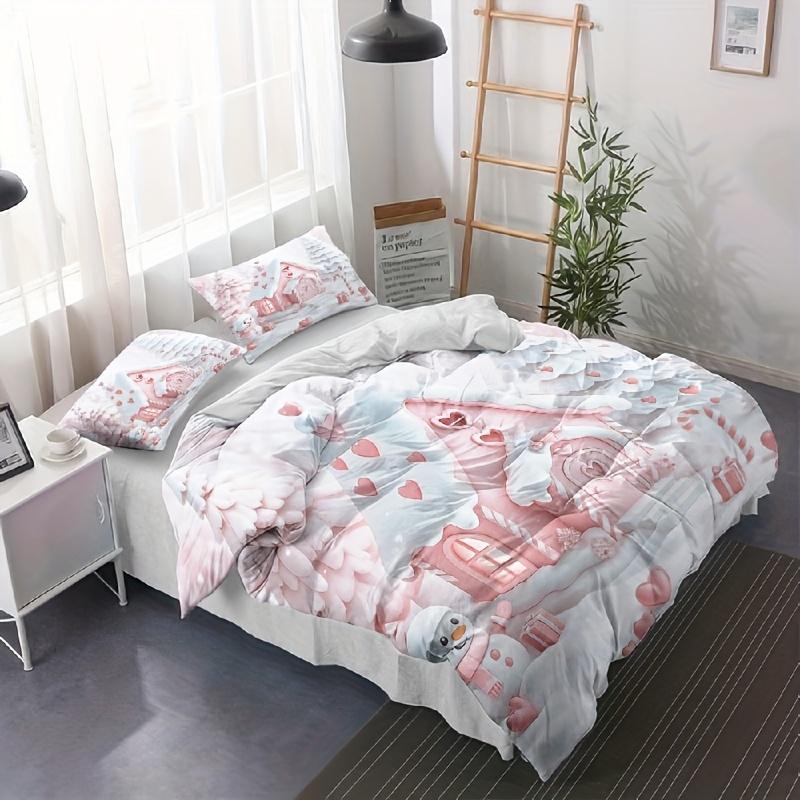 3 st julmönstrat lapptäcke set Rosa snögubbe sängkläder romantisk vinter pepparkakshus design mjuk sovrumsinredning hjärtmönster