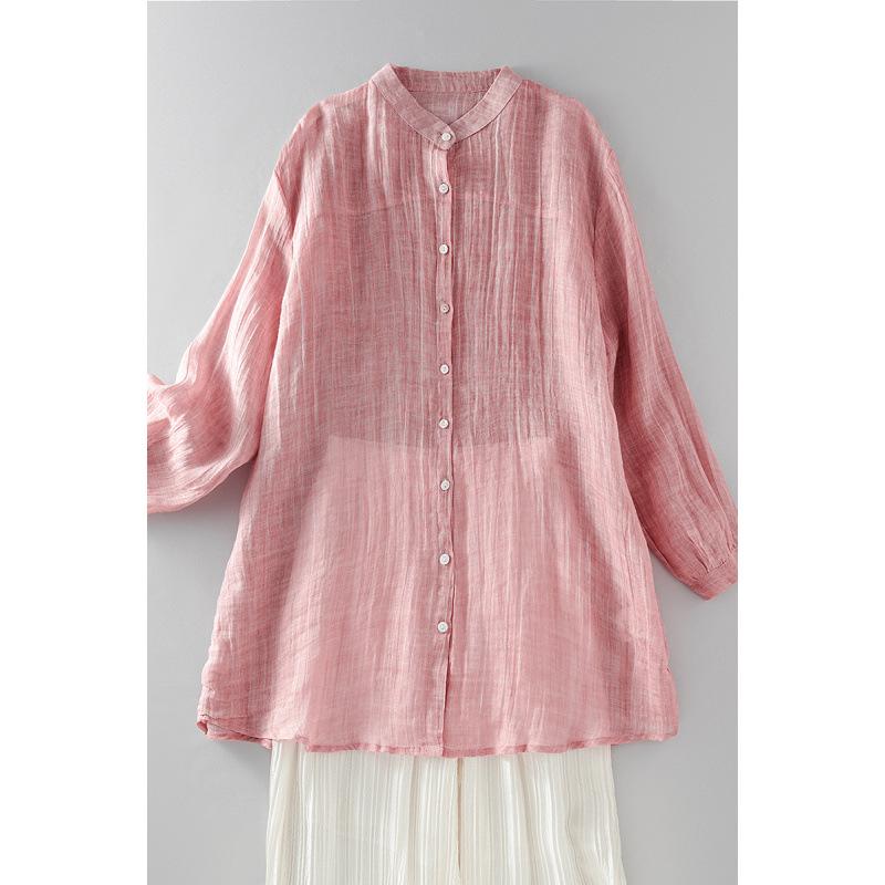 2026 Spring/Summer Casual Stand Collar Ramie Buttoned Mid-Length Shirt M