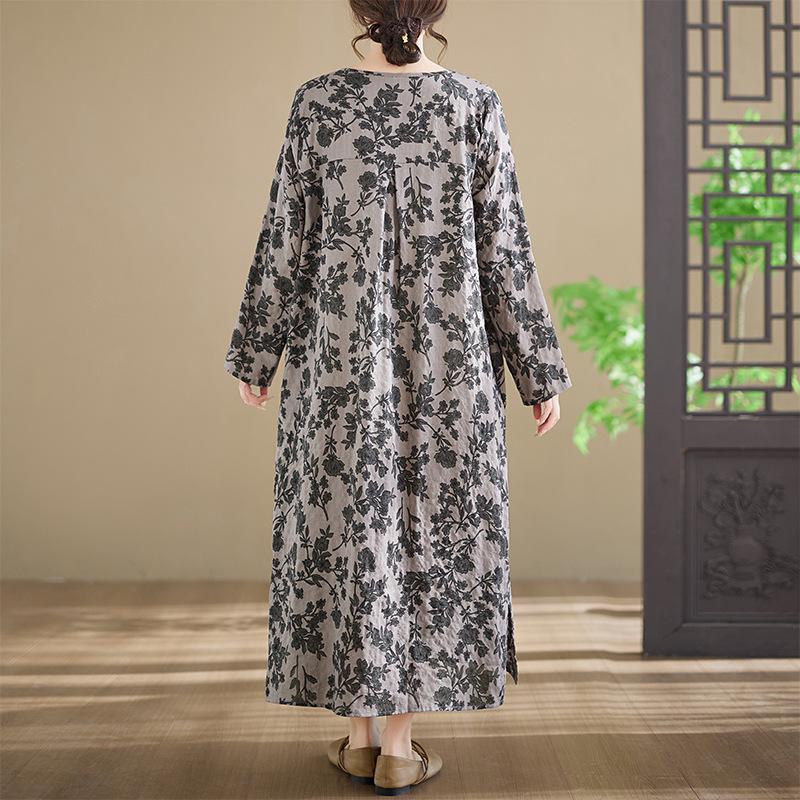 In-Stock Printed Cotton Plus Size Long-Sleeve Women's Dress with Round Neckline