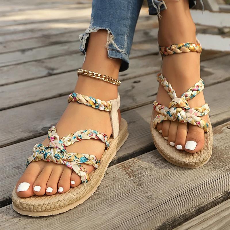 Fashion Women's Fashion Printed Woven Band Flat Sandals Bohemian Style Summer Beach Sandals for Women Lightweight Comfort Roman Shoes