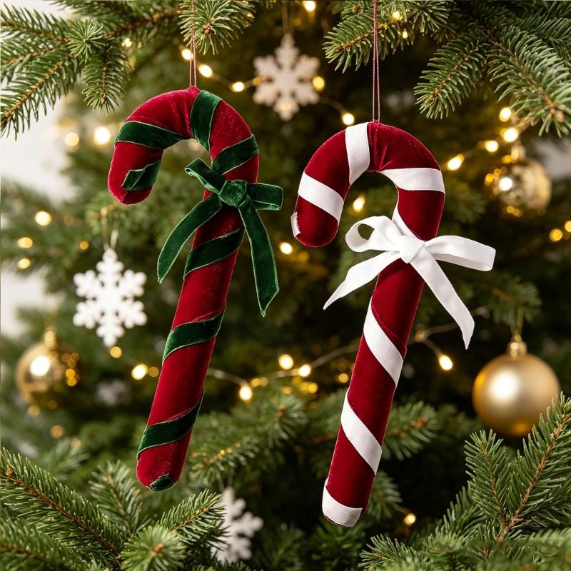 Ready-to-Display Canes Christmas Ornament with Fabric Construction and Ribbon Detail for Gift Boxes and Wreaths