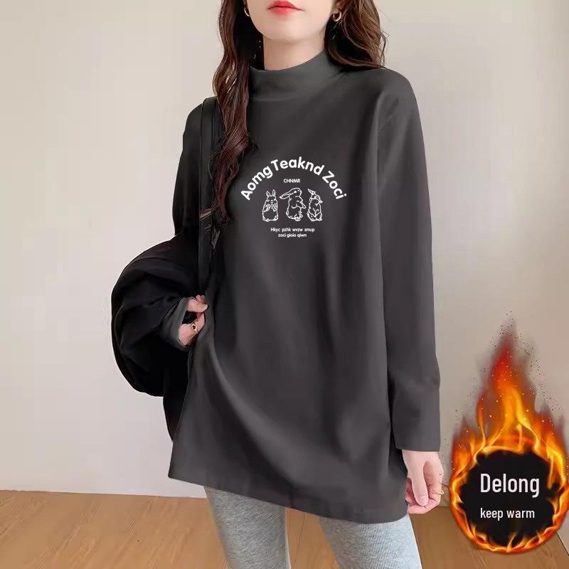 Plus Size Women's German Velvet Long Sleeve T-shirt: Loose Mid-Length Base Shirt for Early Spring, Autumn, and Winter.