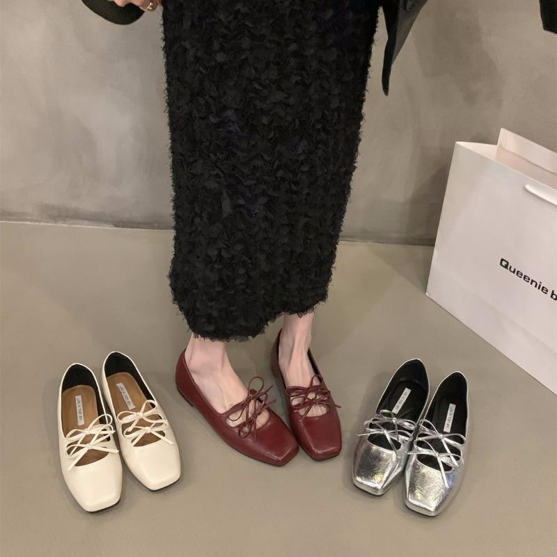 Sweet Double Bowknot Women Mary Jane Shoes New 2025 Square Toe Dress Flat Shoe Ladies Red Soft Sole Shoes Zapatos