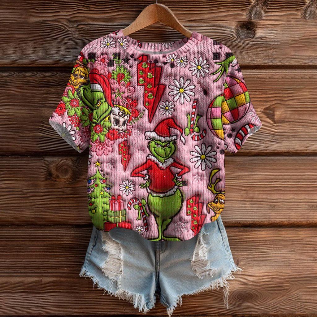 Women's Cute Sweater Knitted Fashion Casual Round-neck Short-sleeved  Cozy Print Top