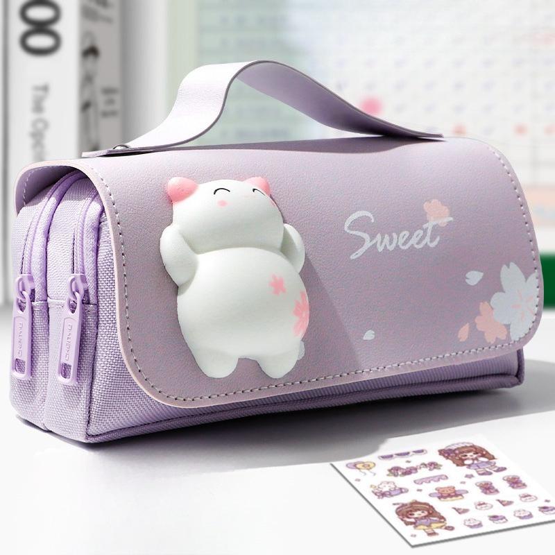 1Pc Cute Cat Decompression Pencil Case Big Pencil Box Portable Girls Pen Bag Double Layer School Pouch Kawaii Stationery