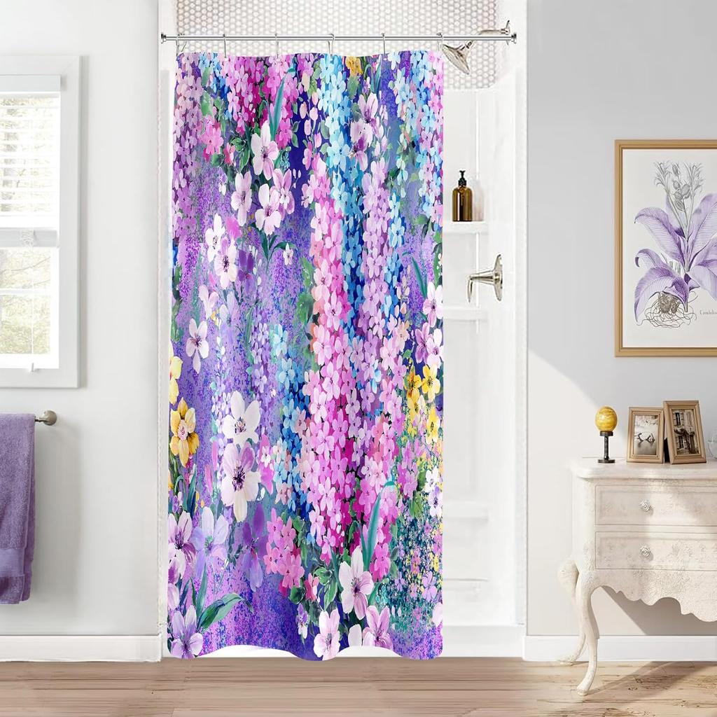 Purple Floral Shower Curtain,Colorful Flower Fabric Shower Curtain for Bathroom, Pretty Funky Watercolor Cloth Shower Curtain