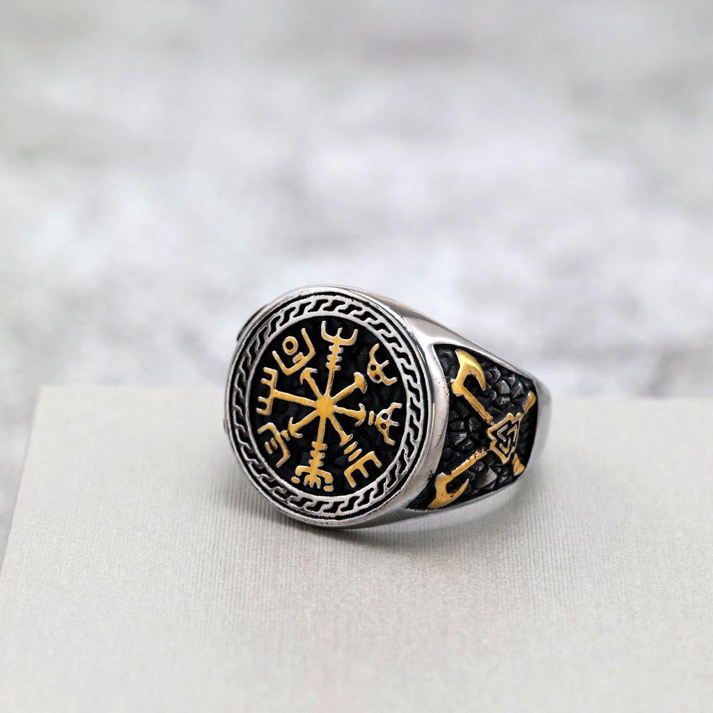 Antique Solid Stainless Steel Viking Compass Mens Ring