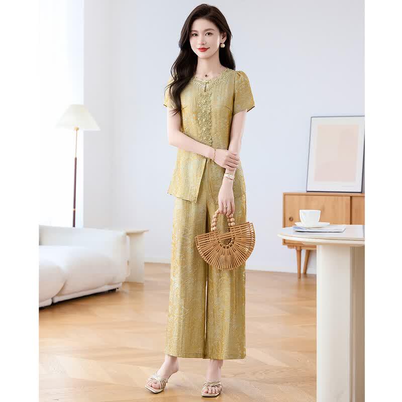 Women's Elegant Lace Short-Sleeve Top & Pants Set