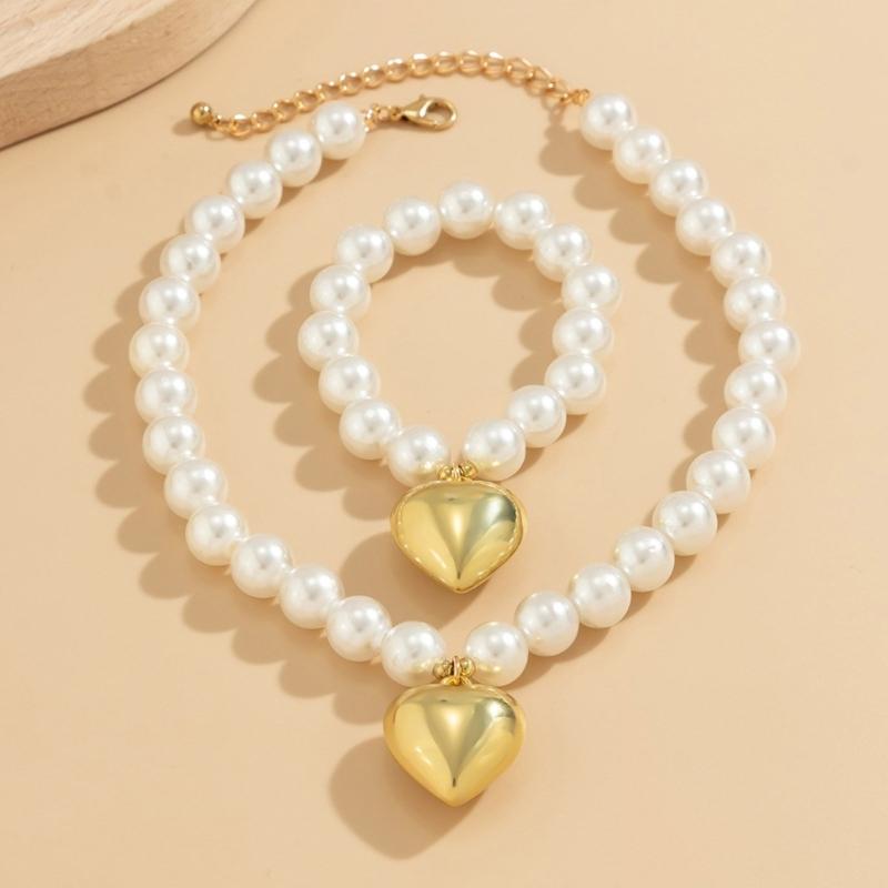 Heart Pendant Bracelet Necklace for Women Wedding Party Jewelry Set Ball Bead Chain Accessories Statement Accessory