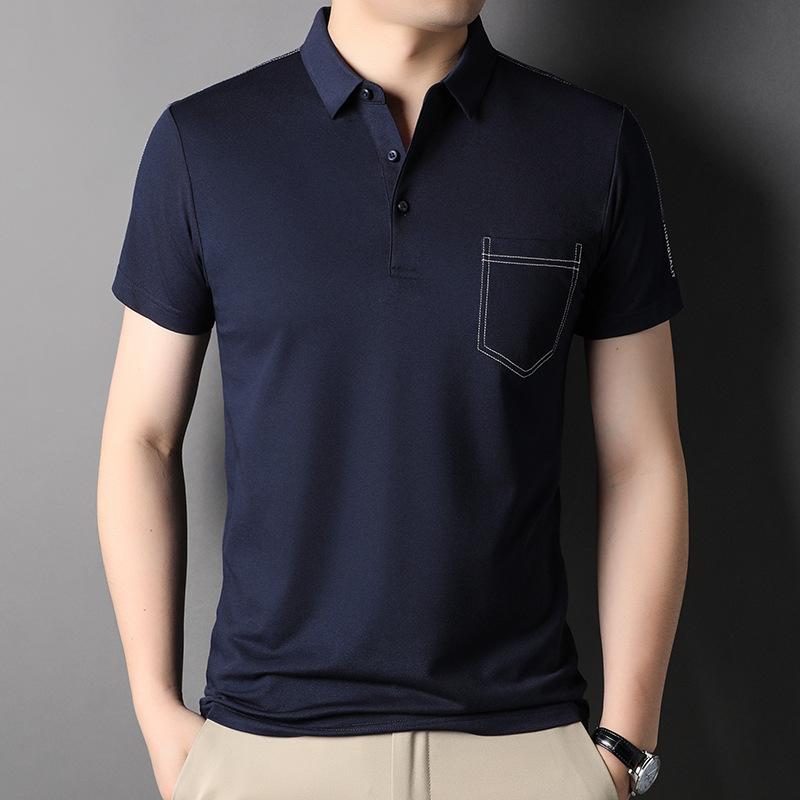 Polo Shirt Men'S Mulberry Silk Short-Sleeved T-Shirt Lapel Pocket Trendy Cool And Breathable Medium Bottoming Shirt