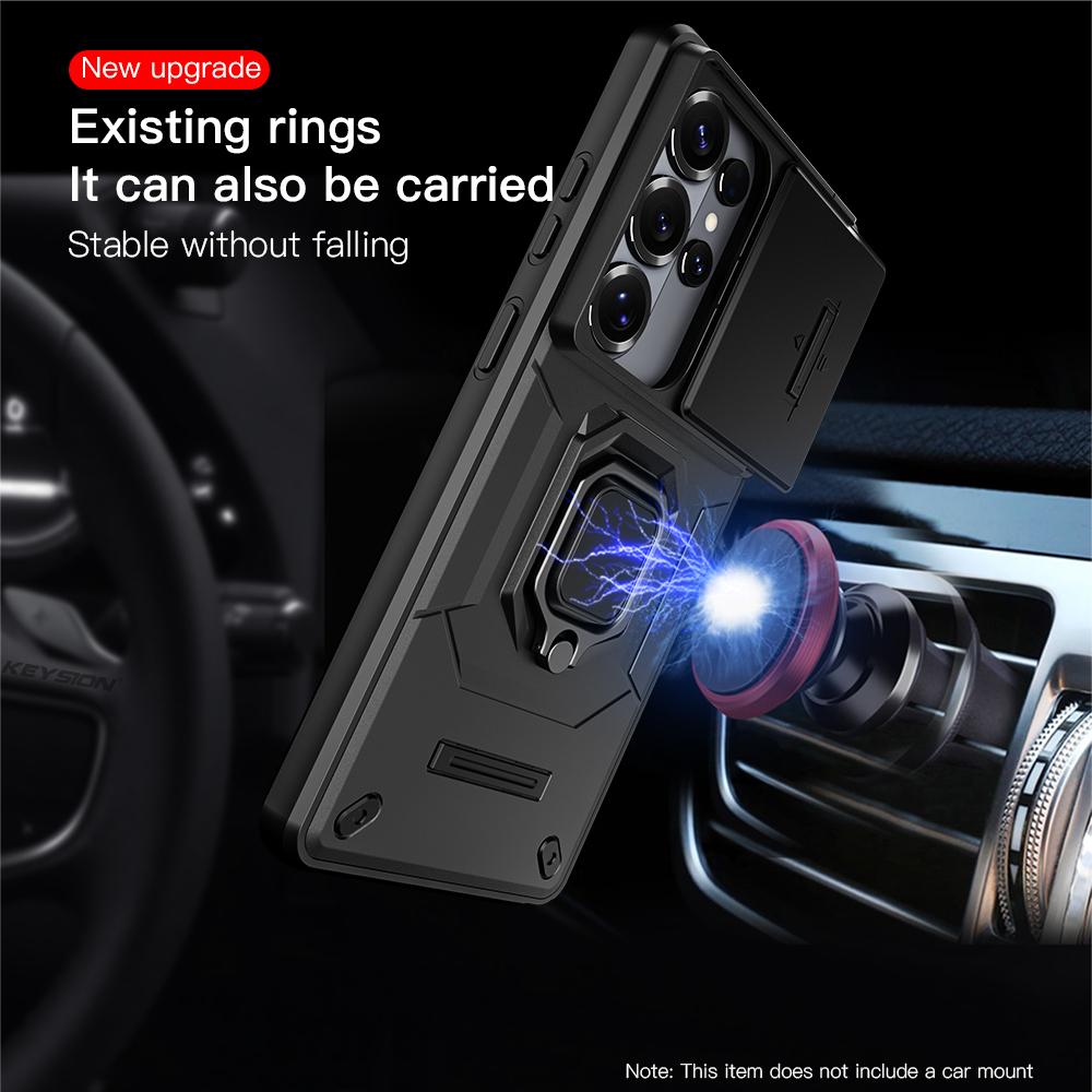KEYSION Shockproof Armor Case for Samsung S26 Ultra 5G Slide Camera Lens Protection Ring Stand Phone Cover for Galaxy S26+ Plus