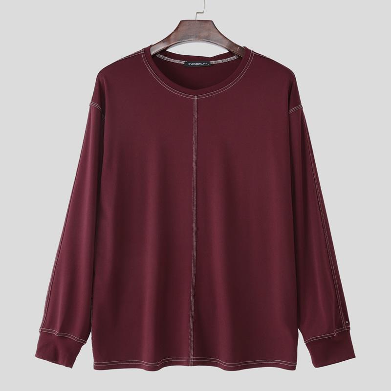 

INCERUN Autumn Men Round Neck Long Sleeve Solid Pullover Tops T-shirts 5XL вино красного