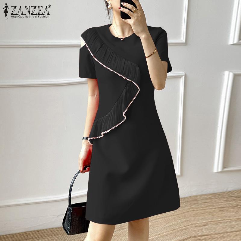 

ZANZEA Женское повседневное платье с круглым вырезом и короткими рукавами и оборками