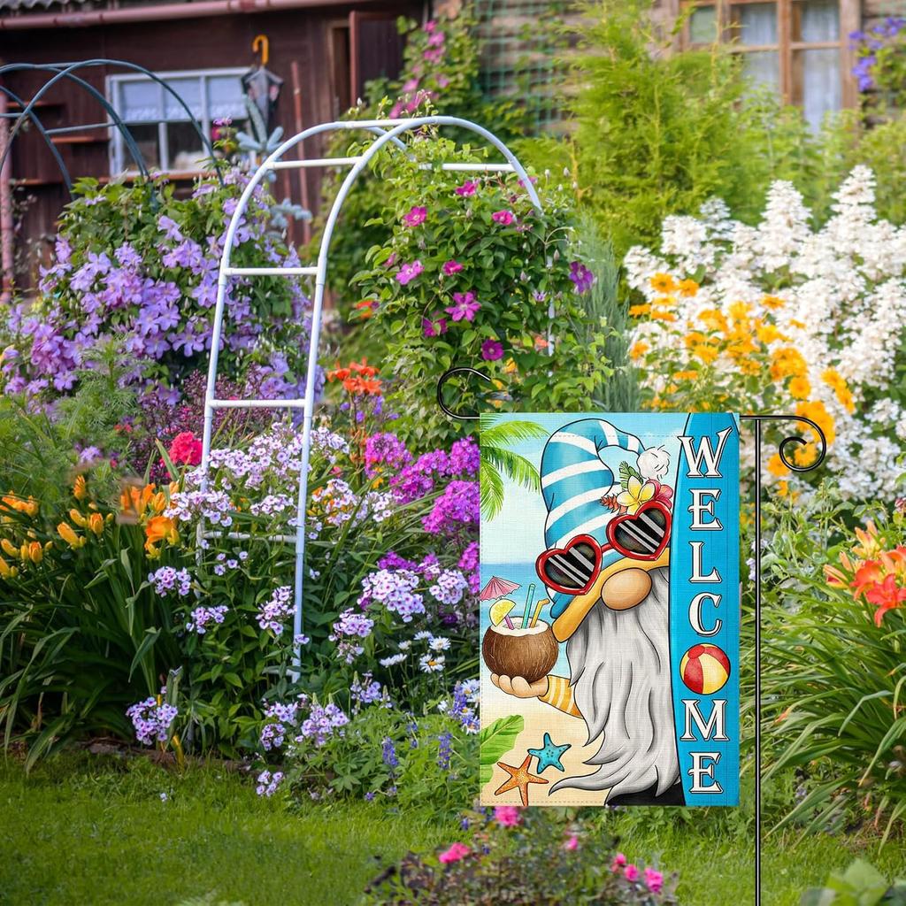 Welcome Summer Gnomes Garden Flag 12x18 Double Sided Vertical Outdoor Flag for Farmhouse Decoration Yard Lawn Garden Banner