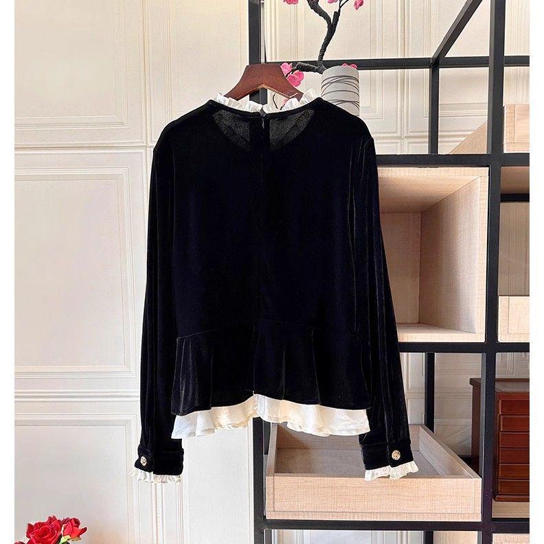 Women's Velvet Stand Collar Top – Elegant Slimming Long Sleeve for Autumn/Winter 2026