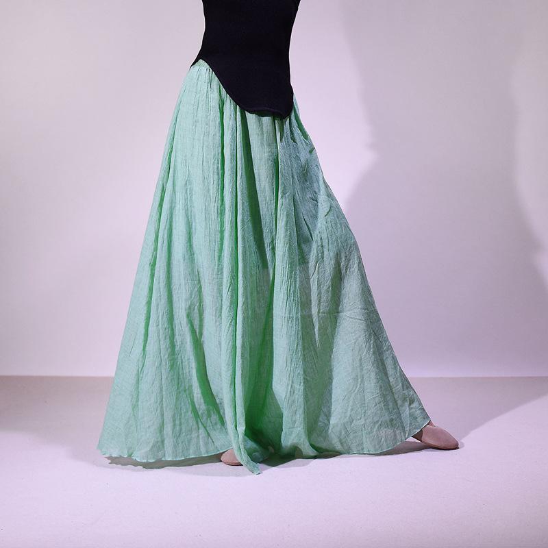 Women's Double Layer Cotton Linen Maxi Skirts Boho Solid Elastic High Waist Pleated A-Line Flowy Swing Long Maxi Skirts Soft Maxi Skirts for Women