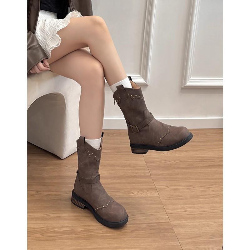 Sheepskin~ Genuine Leather British Style Retro Rivet Martin Boots Women's Western Cowboy Boots Short Boots Medium Knight Boots