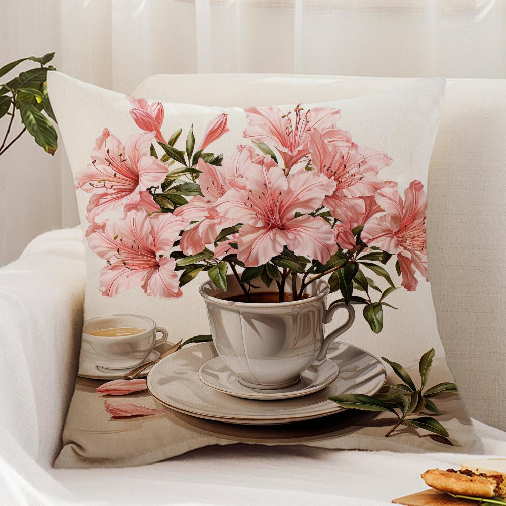 Painting Cup of Flowers Cushion Cover Premium Comfort Reversible Pillow Cover - Dual - Use Design for Home & Car